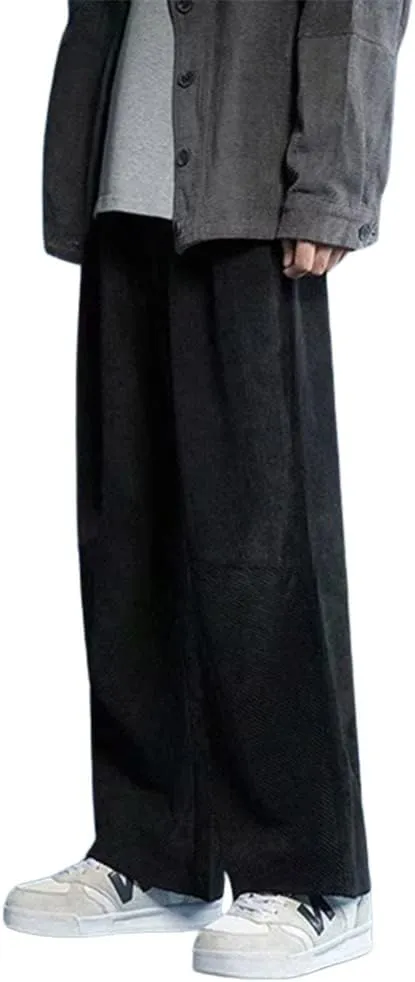 yoeasy Men Loose Elastic Waist Corduroy Pants Casual Drawstring Outdoor Wide Leg Pants