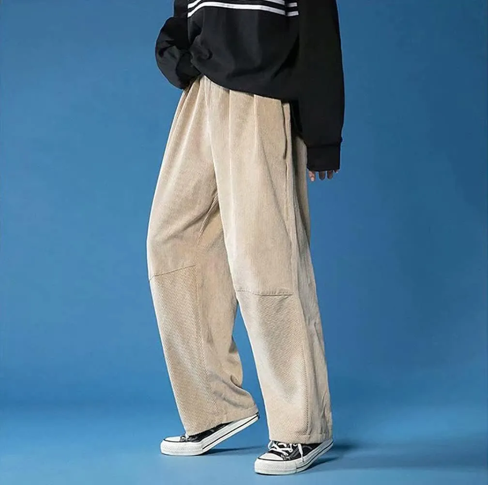 yoeasy Men Loose Elastic Waist Corduroy Pants Casual Drawstring Outdoor Wide Leg Pants