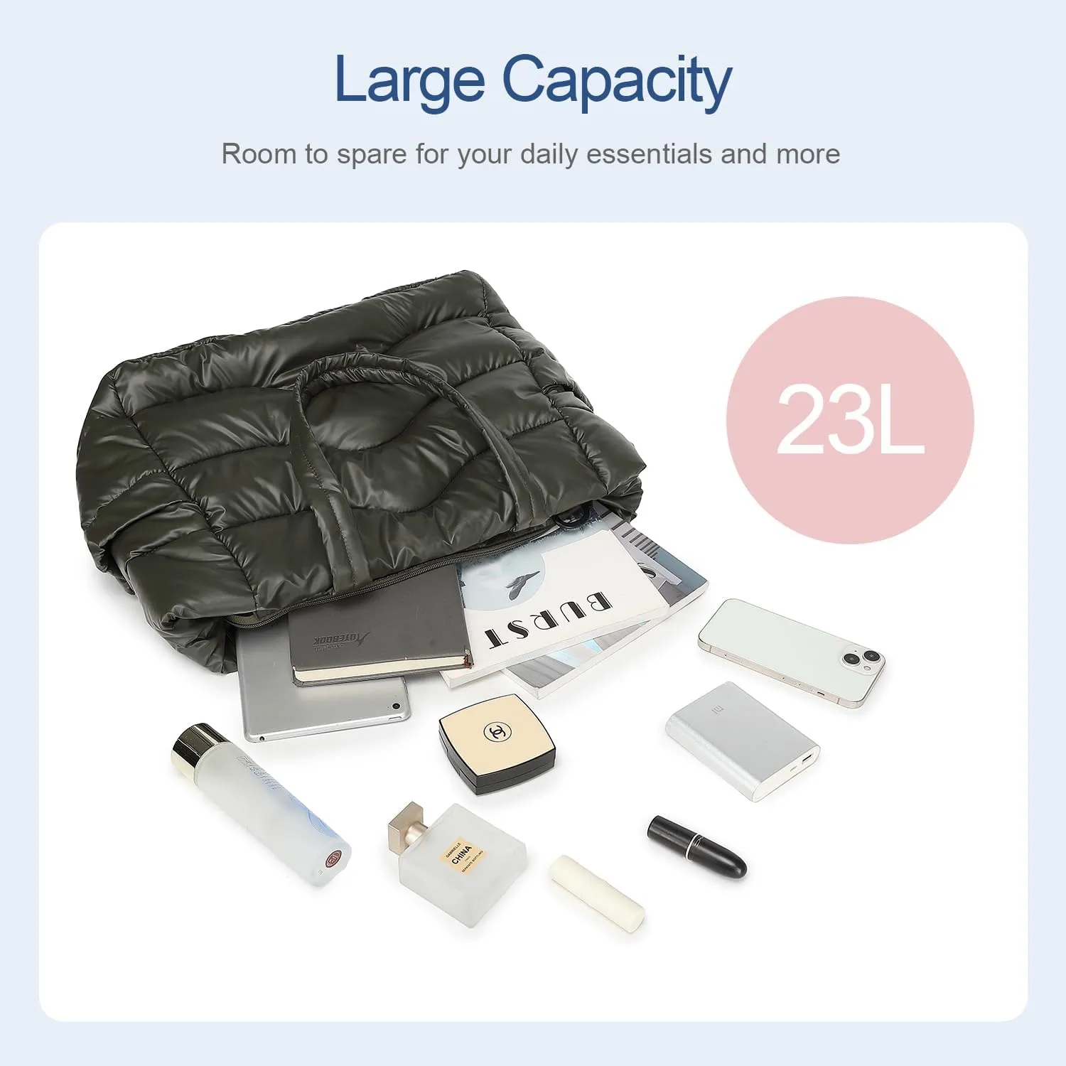Y.U.M.C. Quilted Puffer Tote Bag for Women- Stylish Multi-Way Carrying Shoulder Bag with Laptop Compartment