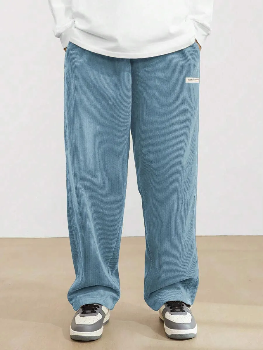 ZAFUL Mens Corduroy Straight Leg Pants Long Solid Elastic Waist Casual Pants Loose Fit Going Out Pants with Pockets