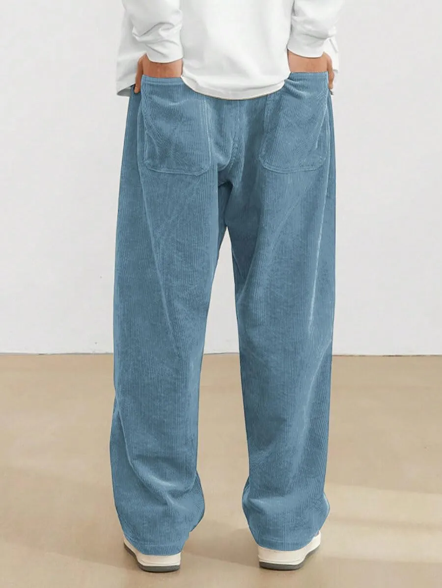 ZAFUL Mens Corduroy Straight Leg Pants Long Solid Elastic Waist Casual Pants Loose Fit Going Out Pants with Pockets