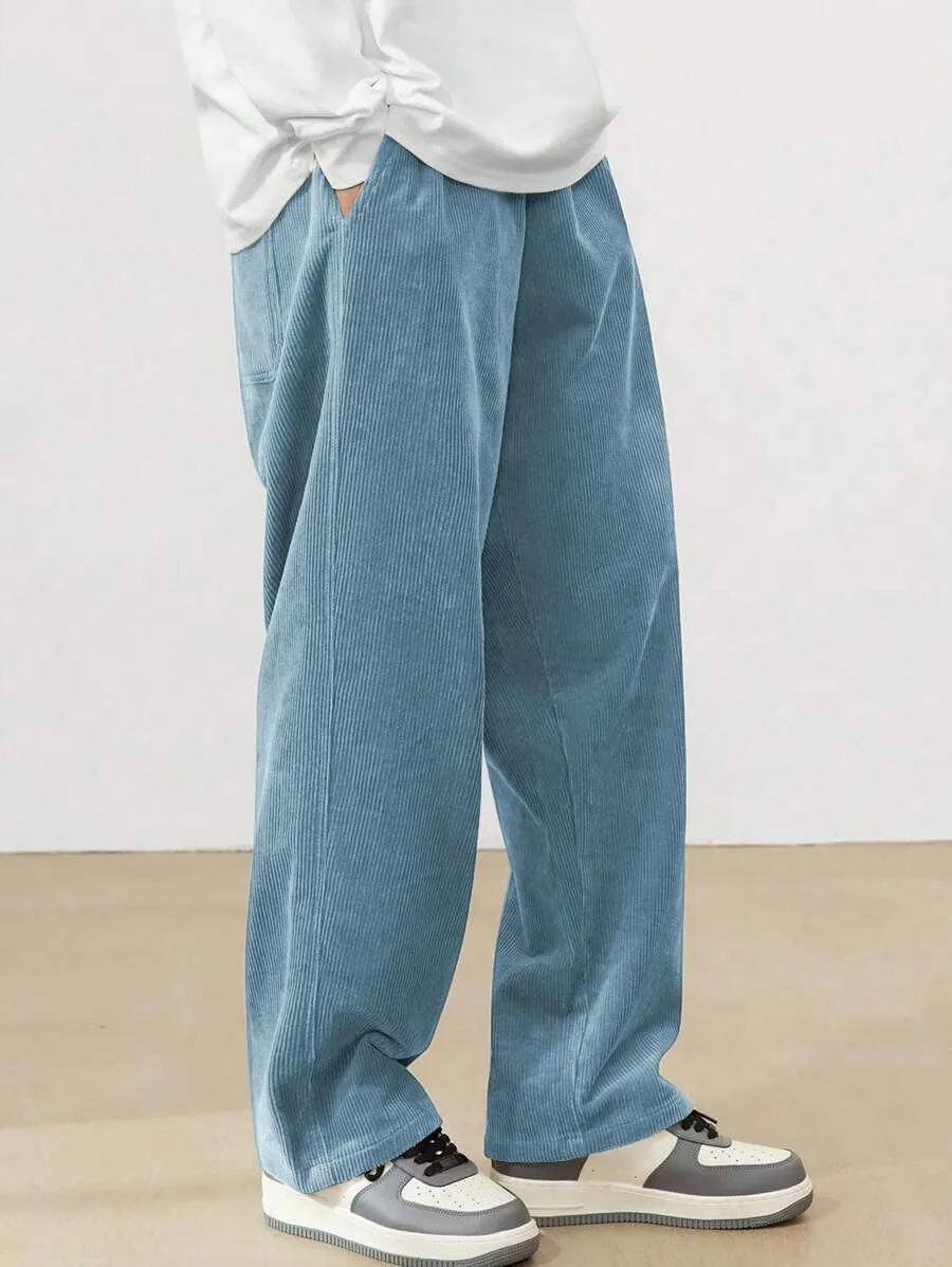 ZAFUL Mens Corduroy Straight Leg Pants Long Solid Elastic Waist Casual Pants Loose Fit Going Out Pants with Pockets