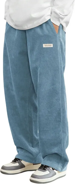 ZAFUL Mens Corduroy Straight Leg Pants Long Solid Elastic Waist Casual Pants Loose Fit Going Out Pants with Pockets