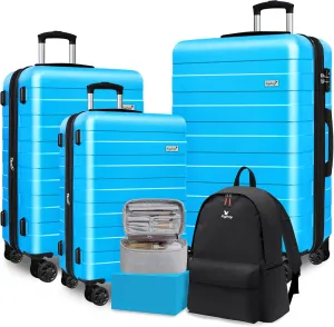 Zebra Luggage Sets 5 Piece, Carry-On Luggage with Spinner Wheels, PC ABS Lightweight Hardside Business Travel Suitcase Set with TSA Lock, Bonus Travel Backpack & Makeup Bag, 20/24/28 inch, Blue