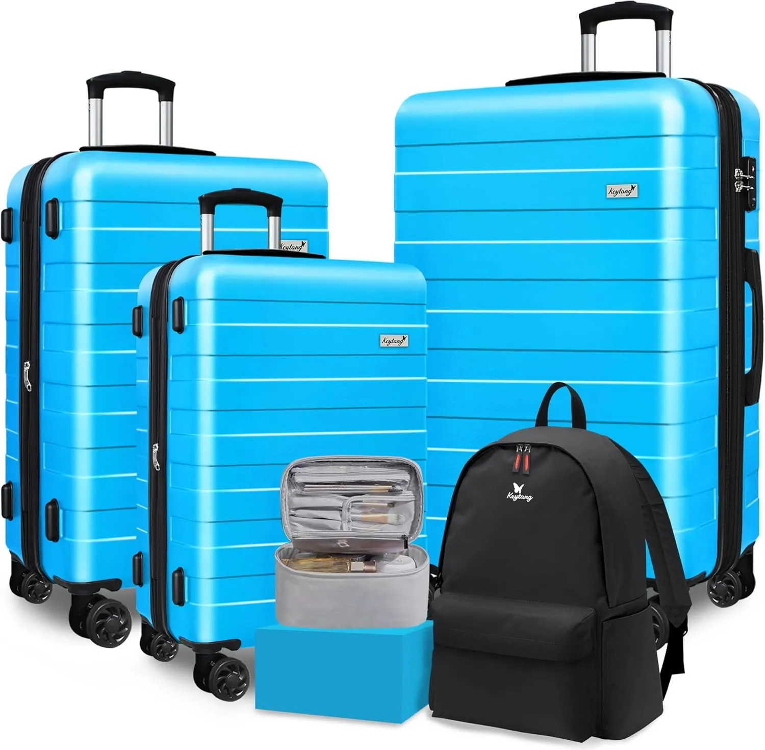 Zebra Luggage Sets 5 Piece, Carry-On Luggage with Spinner Wheels, PC ABS Lightweight Hardside Business Travel Suitcase Set with TSA Lock, Bonus Travel Backpack & Makeup Bag, 20/24/28 inch, Blue